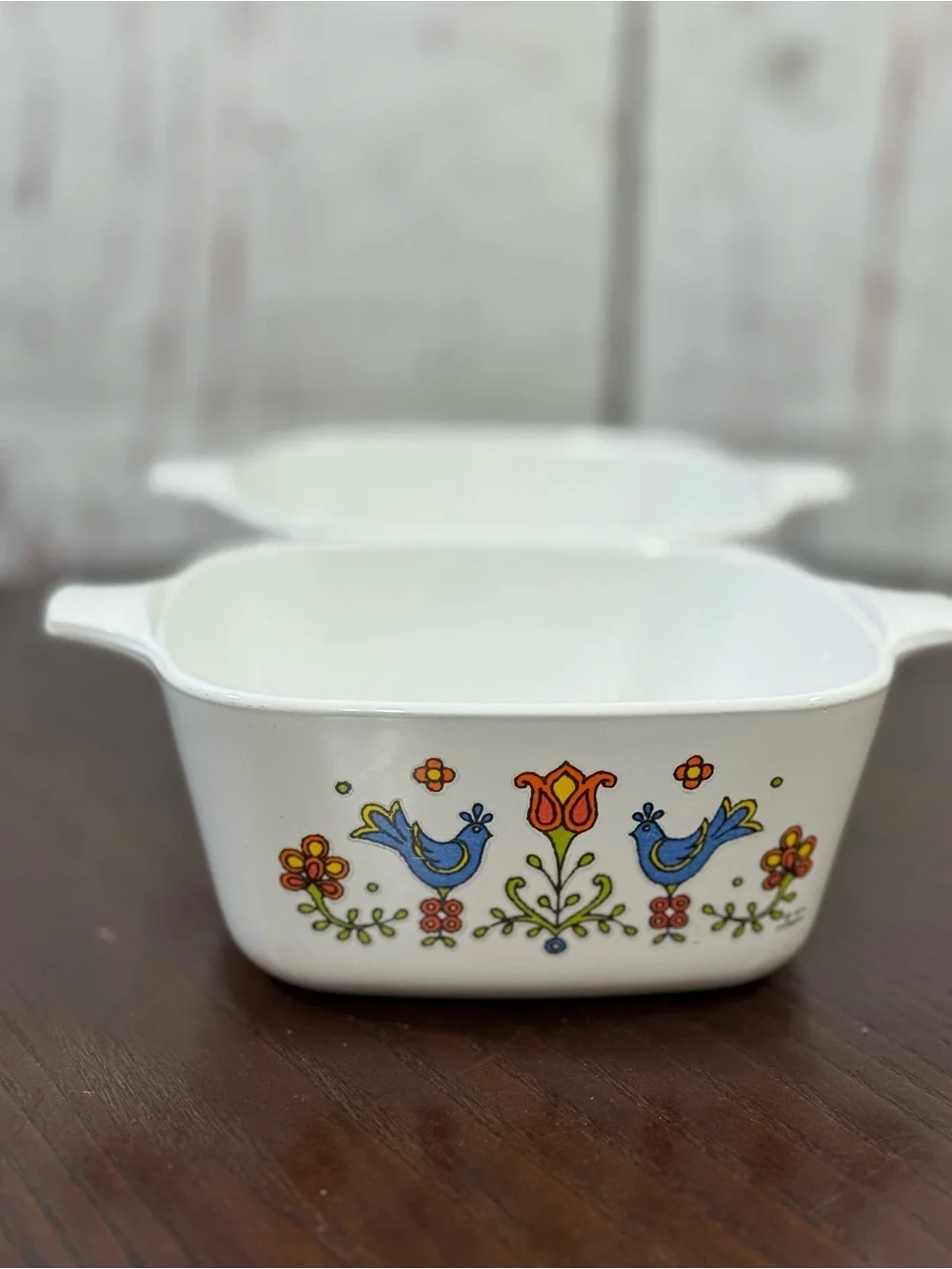 CORNINGWARE Vintage Ceramics Casserole Dish with Blue Bird Floral Motif (Pair)